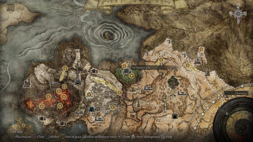 Screenshot of Elden Ring's map showing the location of the Shaded Castle