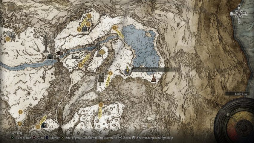 Screenshot of Elden Ring's map showing the location of the Lord Contender's Evergaol.