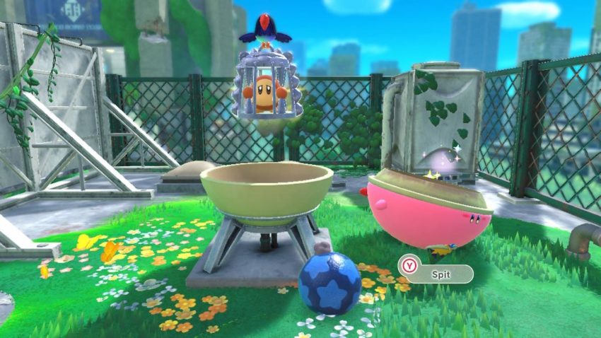 Screenshot of Kirby and the Forgotten Land showing a Waddle Dee hidden inside of a container