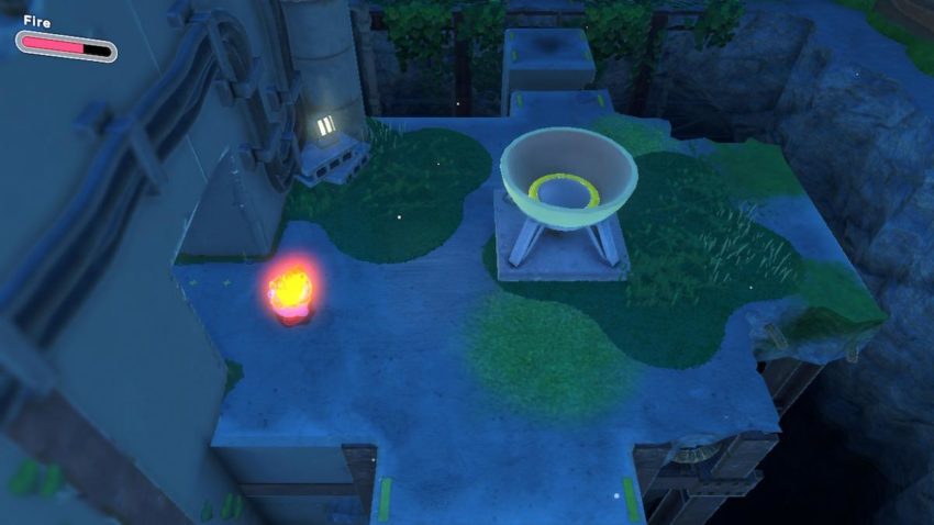 Kirby stands next to an opening leading to a secret room