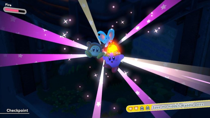 Kirby and a Waddle Dee jump together joyously