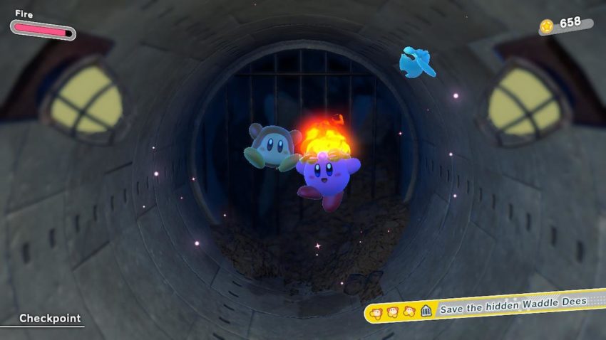 Kirby and a Waddle Dee jump joyously