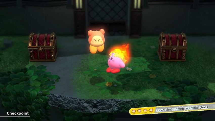Kirby and a Waddle Dee jump joyously