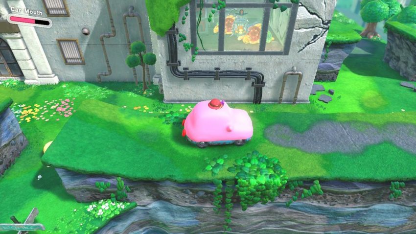 Car Kirby drives past a window containing a Waddle Dee