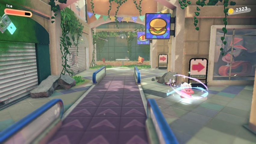 Kirby prepares to enter a room marked by a burger