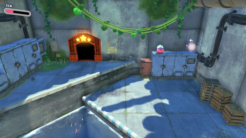 Kirby stands next to a glowing light