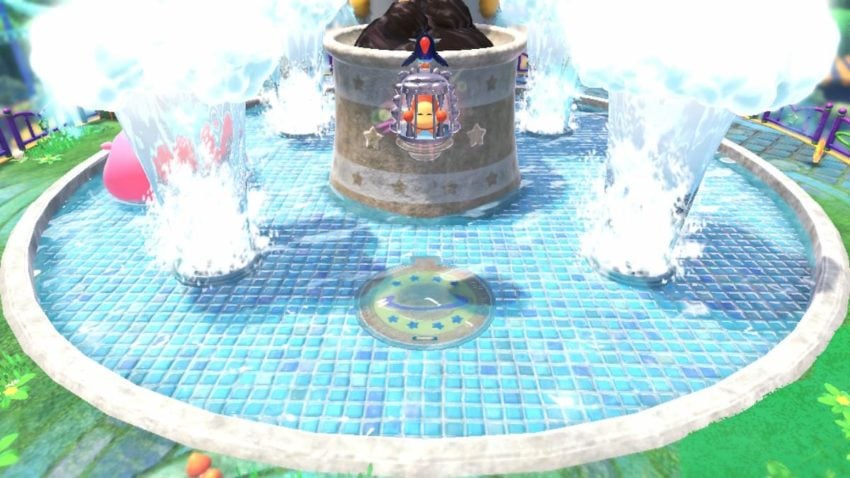A Waddle Dee floats above a fountain