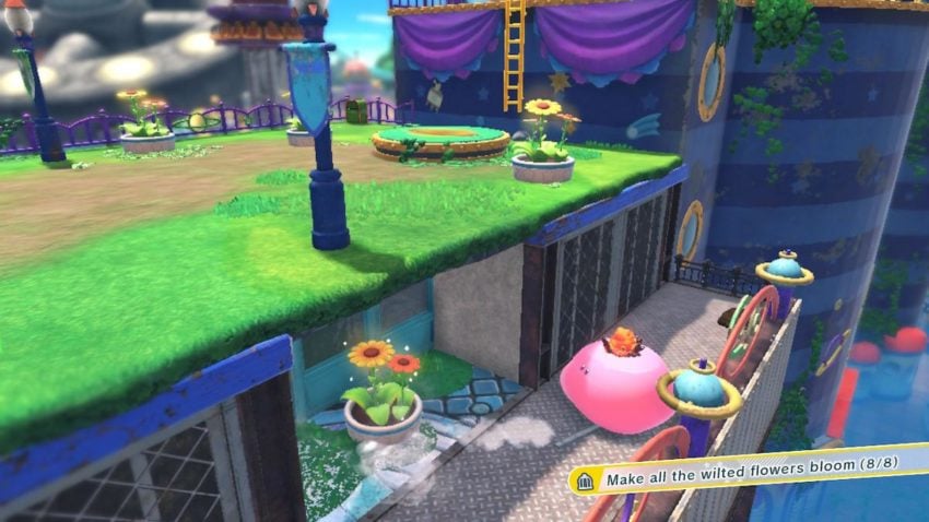Kirby sits by a hidden alcove containing a flower