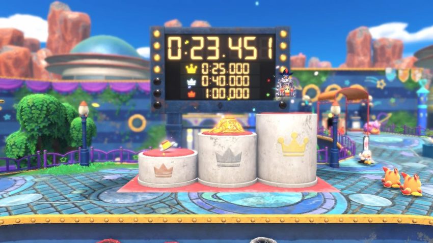 Timer from Kirby's car-racing minigame showing a time of 23:45 seconds