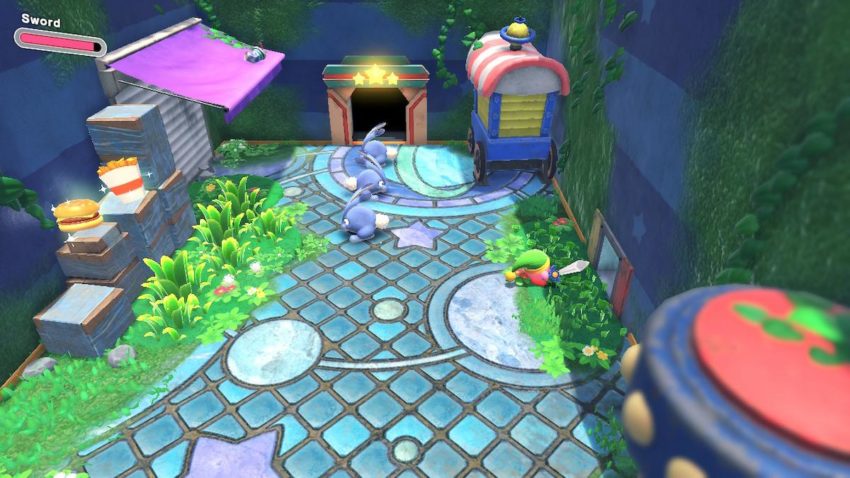Kirby cuts away grass revealing a hidden path