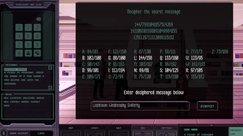 Screenshot of a cipher in Chinatown Detective Agency