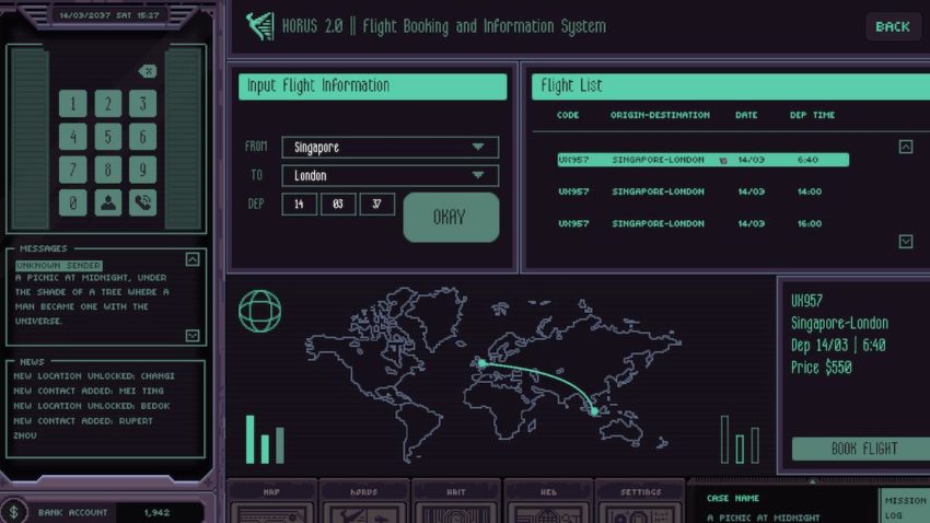 Screenshot of the flight-booking system in Chinatown Detective Agency. Shows a flight being booked from Singapore to London.