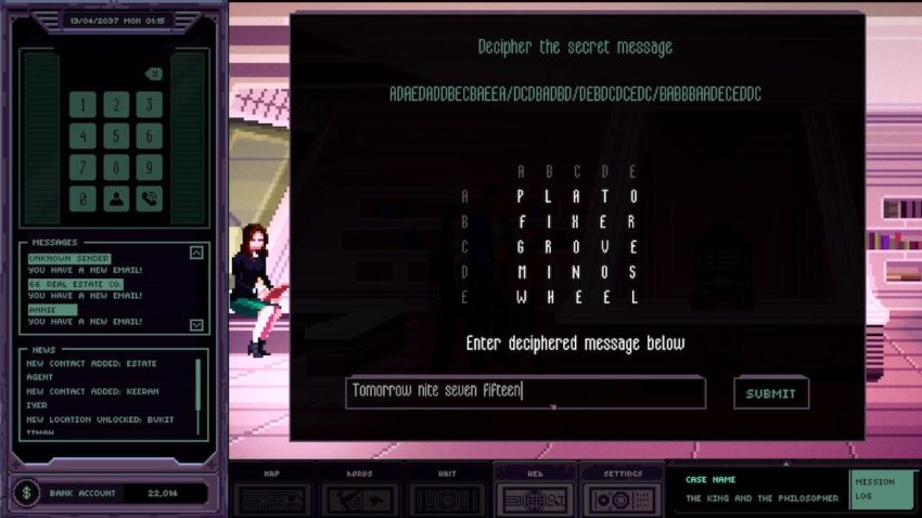 Screenshot of a Polybius Cipher from Chinatown Detective Agency