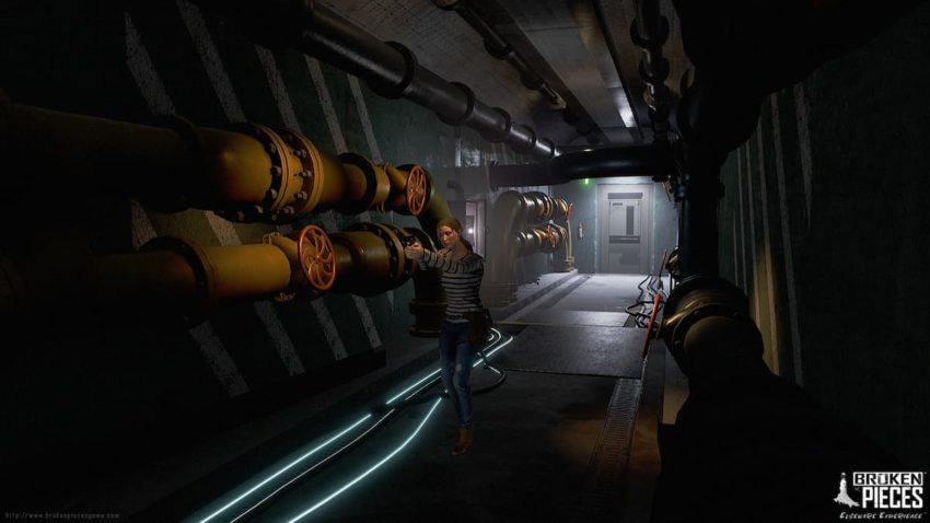 Elise walks through a dark, pipe ridden hallway with her gun raised.