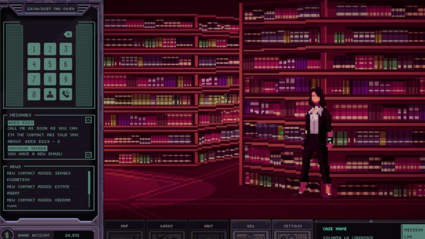 Amira stands next to a book case that is actually a secret switch