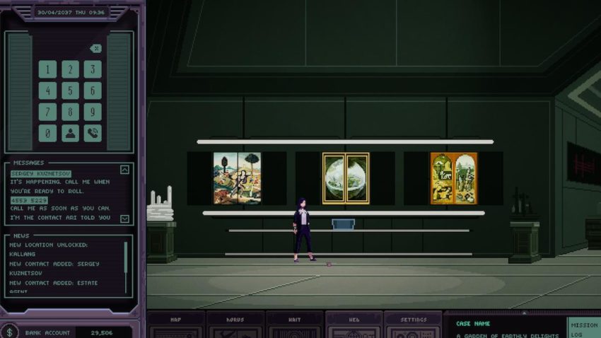 Amira stands in front of three painting