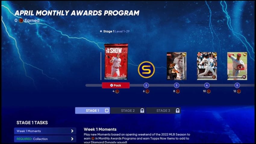 a photo of the reward track for the april monthly awards. Several rewards are shown including currency and player cards
