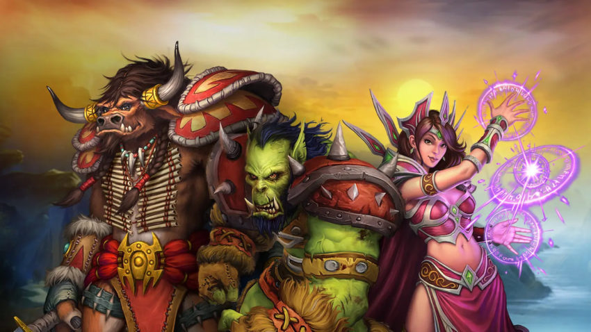 World of Warcraft art showing a an orc, a tauren, and a female mage, 