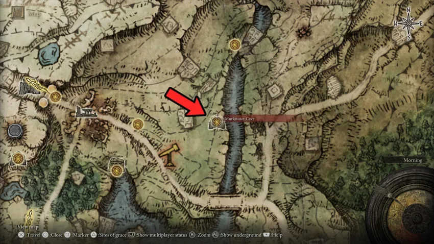Elden Ring Map of Murkwater Cave with Parrying Dagger