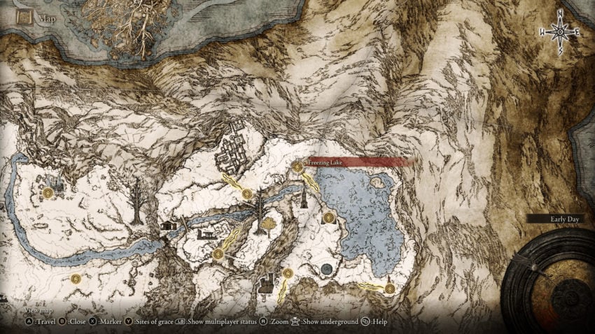 Elden Ring screenshot of the freezing lake on the overworld map