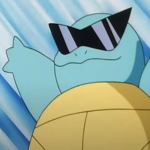 Squirtle raising hands and wearing shades