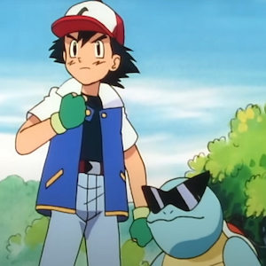 Squirtle in sunglasses standing next to Ash