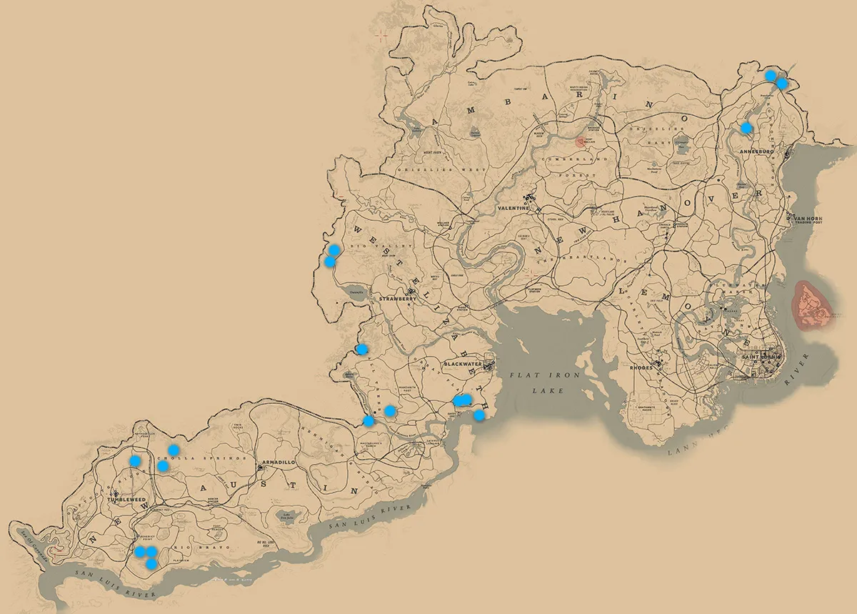 Red Dead Redemption 2 Map showing the Flat Iron Lake, the Ambarino, and Austin