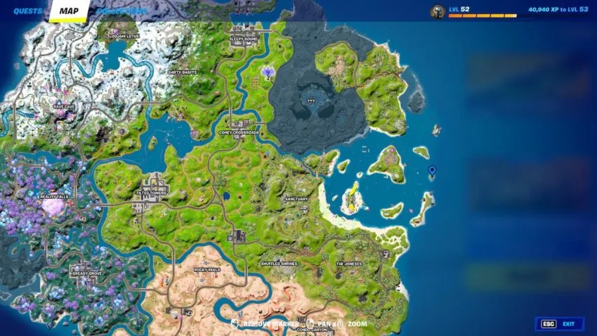 Fortnite's map with the Kame House marked by a marker