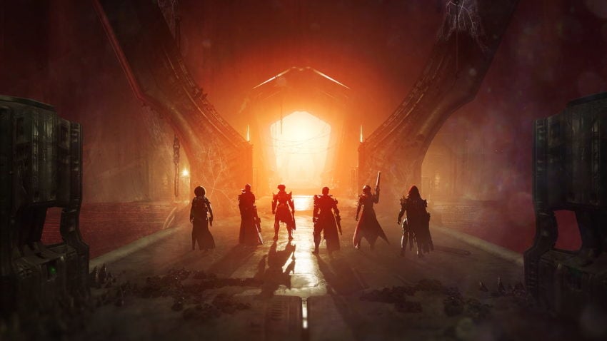 Destiny 2 guardians in front of a red gate portal