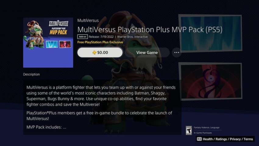 MultiVersus PSN Store Page, shows the MultiVersus MVP Pack on sale