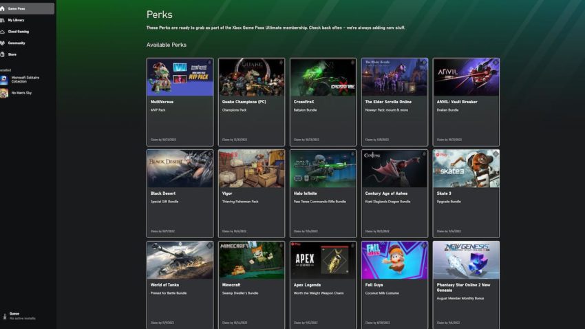 Screenshot of Xbox Game Pass perks page, one of which is the MultiVersus MVP Pack