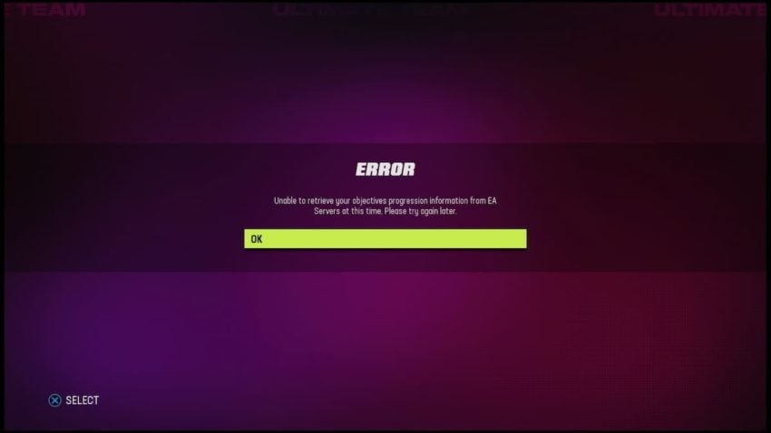 An error message that reads "unable to retrieve your objectives progression  from EA servers at this time, please try again later