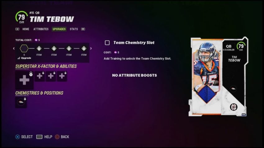 an image showing the Madden 23 upgrade screen for Tim Tebow.