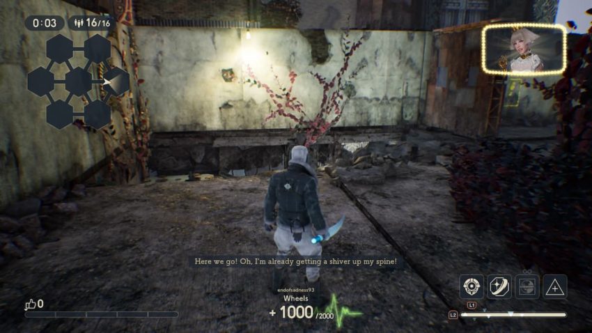 an image that shows the start of a round, the announcer text on the screen reads "Here we go! oh I'm already getting a shiver up my spine! the minimap is laid out in seven hexagonal rooms and connecting hallways